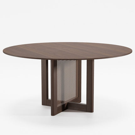 60" Brown Solid Wood and Rattan Cross Leg Base Round Top Dining Table