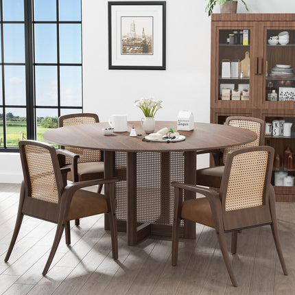 60" Brown Solid Wood and Rattan Cross Leg Base Round Top Dining Table