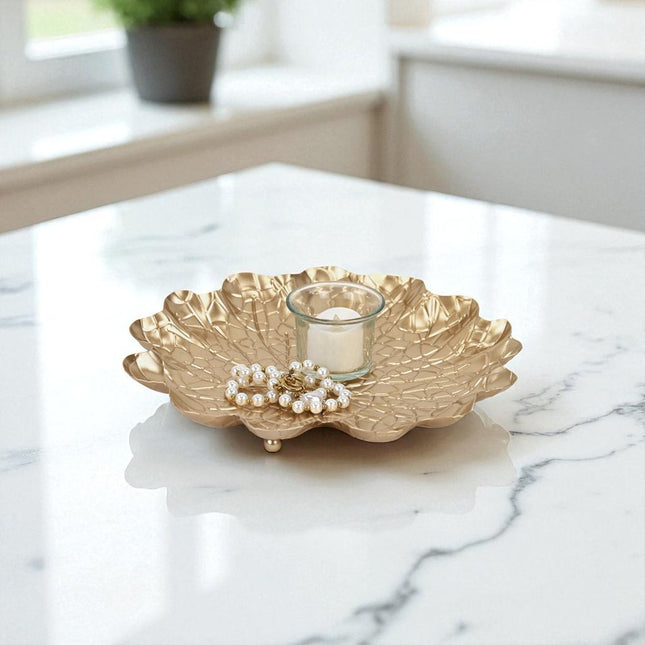 10" Gold Metal Handmade Leaf Trinket Tray