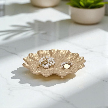 8" Gold Metal Handmade Leaf Trinket Tray