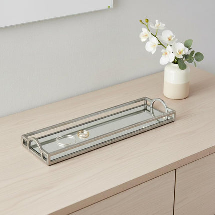 24" Silver Mirrored Glass Handmade Vanity Tray With Handles
