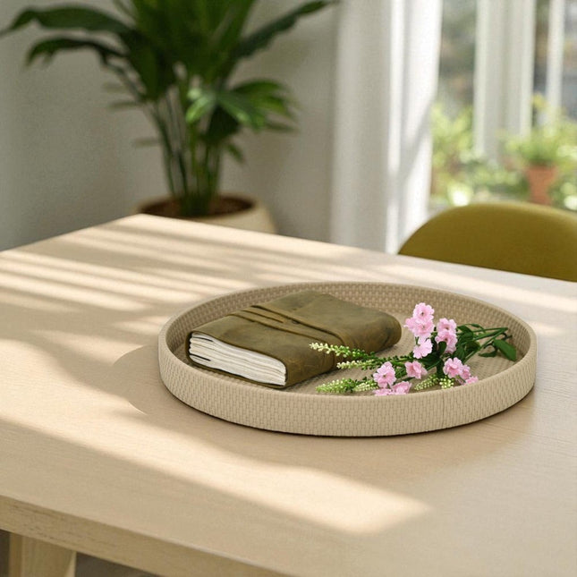 15" Taupe Faux Wicker Round Serving Tray