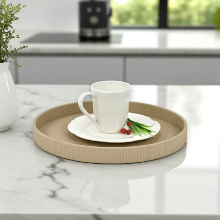 15" Taupe Faux Wicker Round Serving Tray