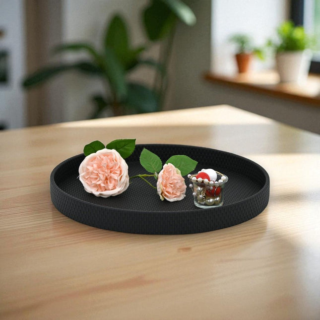 15" Black Faux Wicker Round Serving Tray