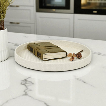 15" White Faux Wicker Round Serving Tray