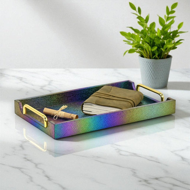 16" Rainbow Faux Shagreen Serving Tray With Handles