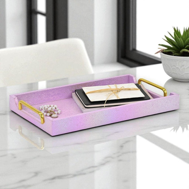 16" Pink Faux Shagreen Serving Tray With Handles