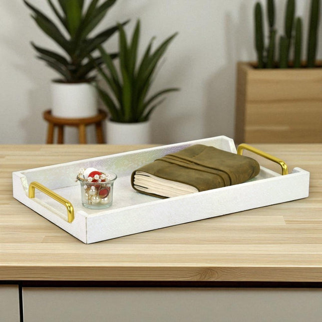 16" White Faux Shagreen Serving Tray With Handles