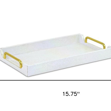16" White Faux Shagreen Serving Tray With Handles