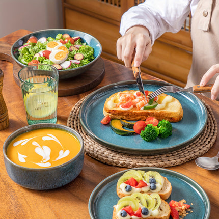16pcs Dining Set Featuring Blue Stoneware with a Double-Sided Reactive Glaze Design