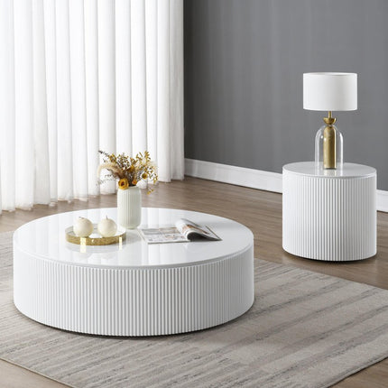 47" White Wood Round Drum Coffee Table