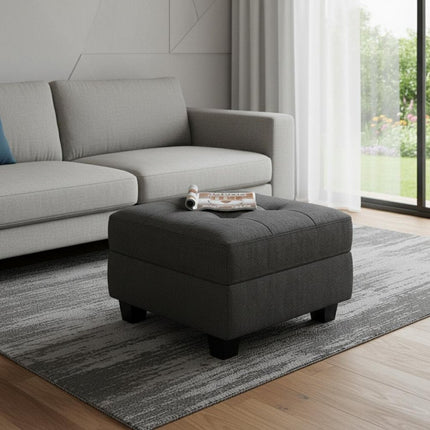 26" Gray and Black Solid Wood and Linen Tufted Storage Ottoman