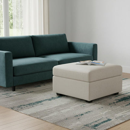 30" Beige and Black Chenille Storage Ottoman