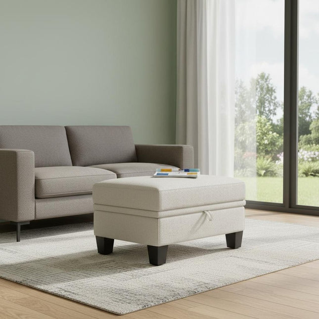 29" Beige and Black Chenille Storage Ottoman