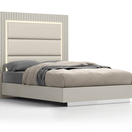 Gray Inlaid Panels Wood And Faux Leather Lighted Upholstered Queen Bed Frame