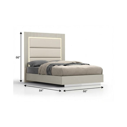 Gray Inlaid Panels Wood And Faux Leather Lighted Upholstered Queen Bed Frame