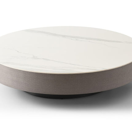 41" White and Gray Ceramic Tile and Wood Round Pedestal Coffee Table