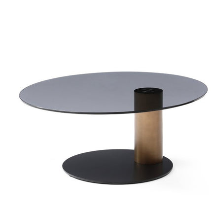 Set Of Two Bronze and Black Copper Glass and Steel Round Pedestal Nested Coffee Tables