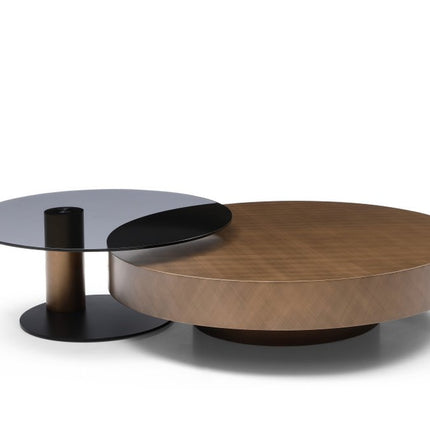 Set Of Two Bronze and Black Copper Glass and Steel Round Pedestal Nested Coffee Tables