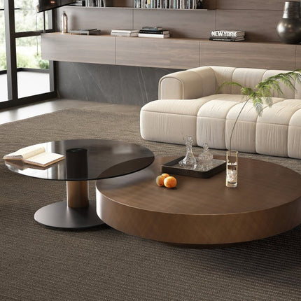 Set Of Two Bronze and Black Copper Glass and Steel Round Pedestal Nested Coffee Tables