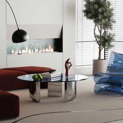 49" Black and Silver Mirrored Glass and Stainless Steel Round Coffee Table
