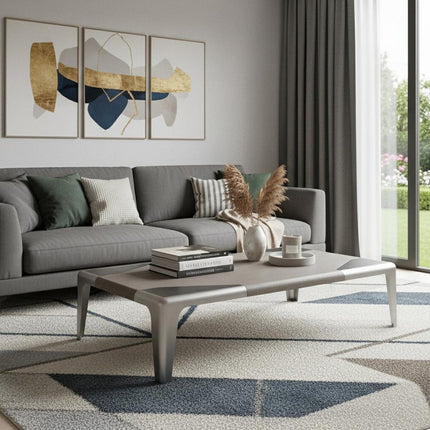 57" Light Gray and Silver Wood and Stainless Steel Coffee Table