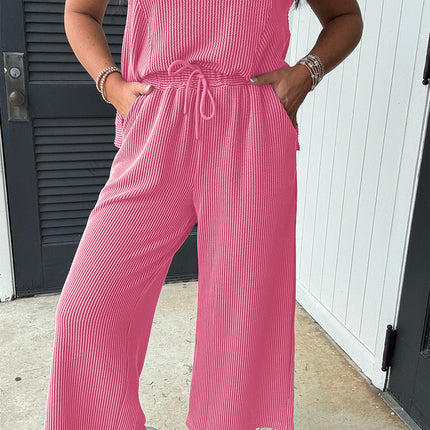 Bright Pink Solid Corded Knit Short Sleeve T Shirt and Wide Leg Pants Set