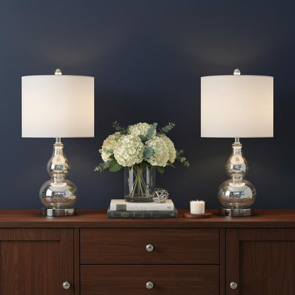 Set of Two 21" Silver Gourd Table Lamps With Drum Shades