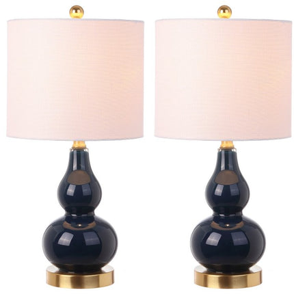 Set of Two 21" Navy Blue And Gold Gourd Table Lamps With Drum Shades