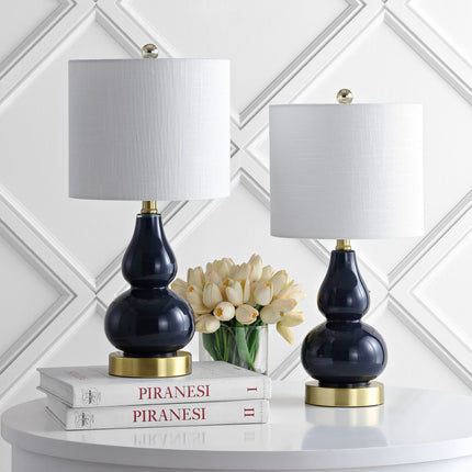 Set of Two 21" Navy Blue And Gold Gourd Table Lamps With Drum Shades