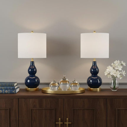 Set of Two 21" Navy Blue And Gold Gourd Table Lamps With Drum Shades