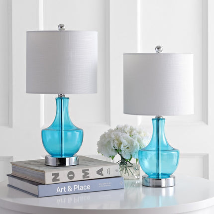 Set of Two 20" Turquoise Gourd Bedside Lamps With Drum Shades
