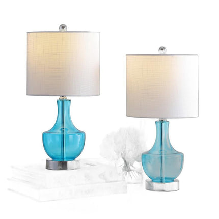 Set of Two 20" Turquoise Gourd Bedside Lamps With Drum Shades