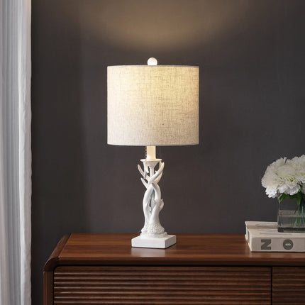 21" Antiqued White Antlers Desk Lamp With Drum Shade