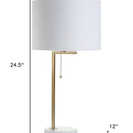 25" Brass And White Round Table Lamp With Drum Shade