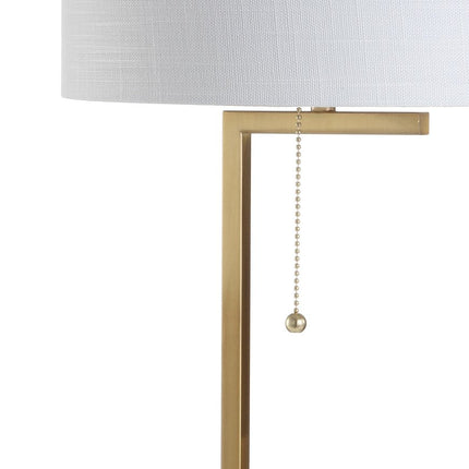 25" Brass And White Round Table Lamp With Drum Shade