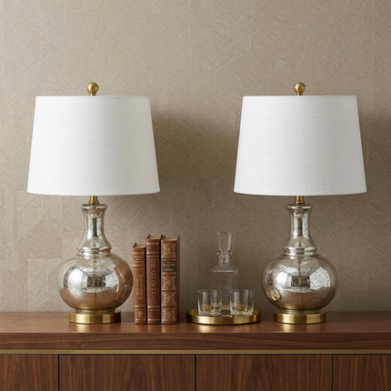 Set of Two 25" Gold Novelty Table Lamps With Drum Shades