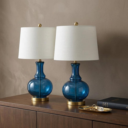 Set of Two 25" Gold Novelty Table Lamps With Drum Shades