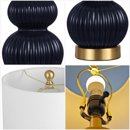 20" Navy Blue And Gold Gourd Table Lamp With Drum Shade