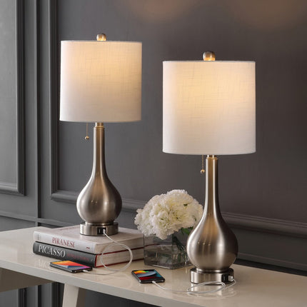 Set of Two 24" Nickel Gourd Table Lamps With Drum Shades
