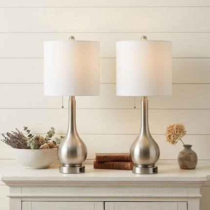 Set of Two 24" Nickel Gourd Table Lamps With Drum Shades