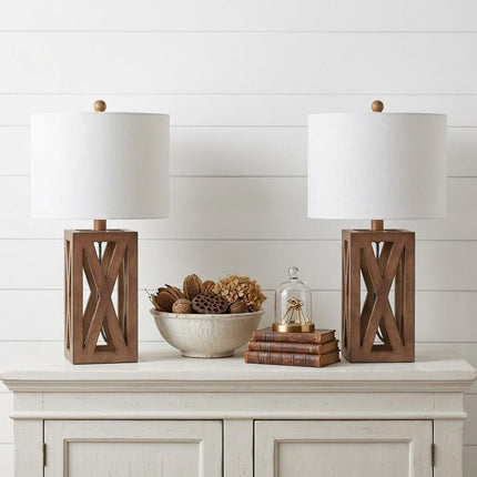 Set of Two 22" Brown Table Lamps With Drum Shades