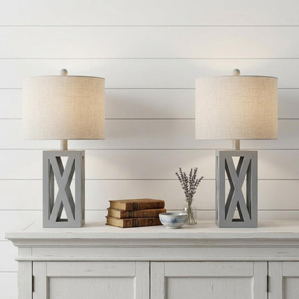 Set of Two 22" Gray Table Lamps With Drum Shades