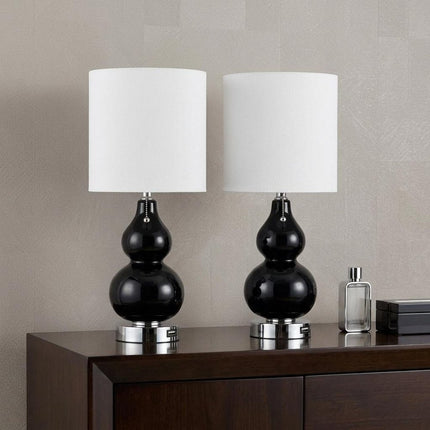 Set of Two 22" Silver Gourd Table Lamps With Drum Shades