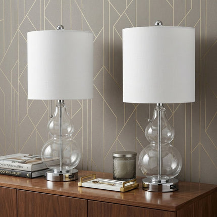 Set of Two 22" Silver Gourd USB Bedside Lamps With Drum Shades