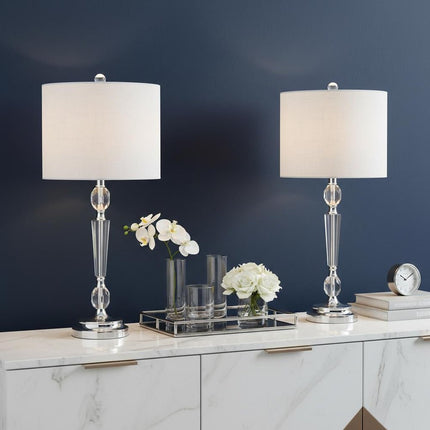 Set of Two 27" Clear And Silver Bedside Lamps With Drum Shades
