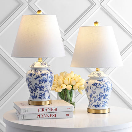 Set of Two 22" White Blue And Gold Urn Table Lamps With Empire Shades