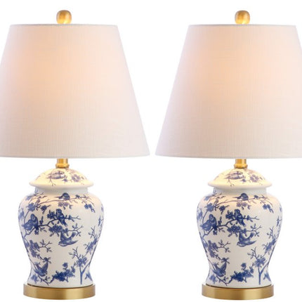 Set of Two 22" White Blue And Gold Urn Table Lamps With Empire Shades