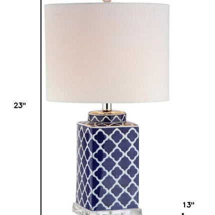 23" Clear Navy Blue And White Geometric Table Lamp With Drum Shade