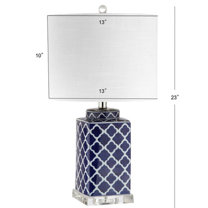23" Clear Navy Blue And White Geometric Table Lamp With Drum Shade